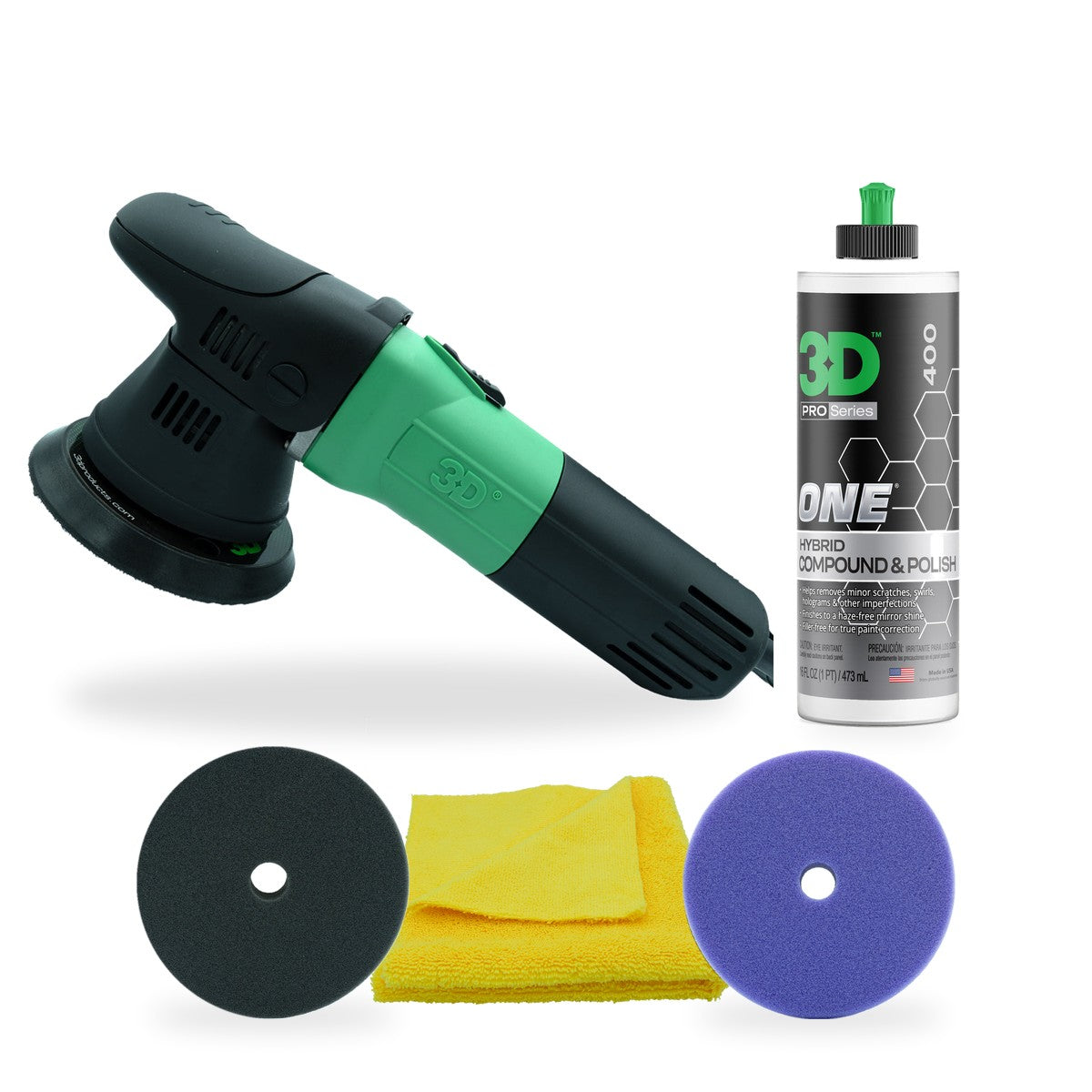 Kit arranque de detailer: pulidora 3D L-35, pasta 3D ONE de 16 oz, pad de corte medio, pad de acabado y microfibra
