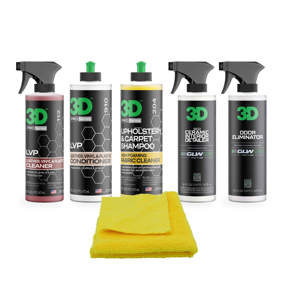 Kit interior completo: LVP Cleaner, LVP Conditioner, shampoo de tapicería, Ceramic Interior Detailer y Odor Eliminator de 16 oz, con microfibra
