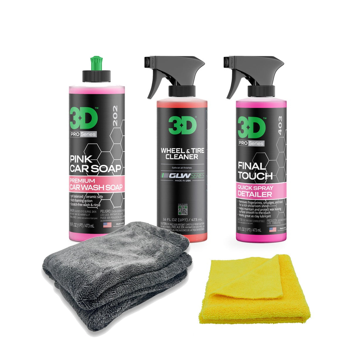 Kit lavado en casa: shampoo 3D Pink Car Soap, limpiador de aros GLW Wheel & Tire, 3D Final Touch, toalla Hydro Fil y microfibra